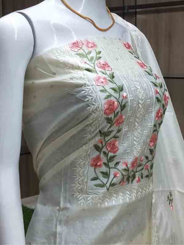 Unstitched Chanderi Silk Churidar Materials Set – Off-white Color DC424-03