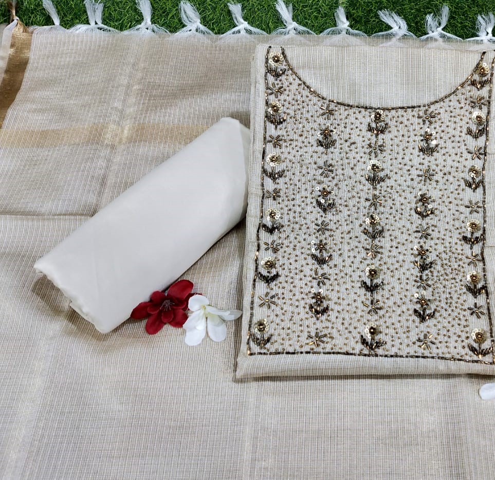 Tissue Kota Churidar Materials Set with Hand Embroidery DC464-07