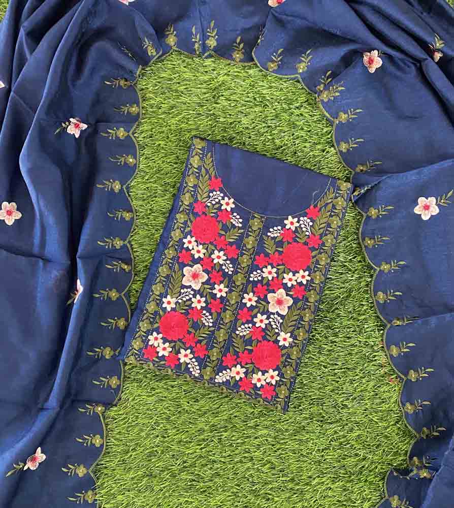 Unstitched Vichitra Silk Churidar Materials Set with Beautiful Embroidery DC495-06