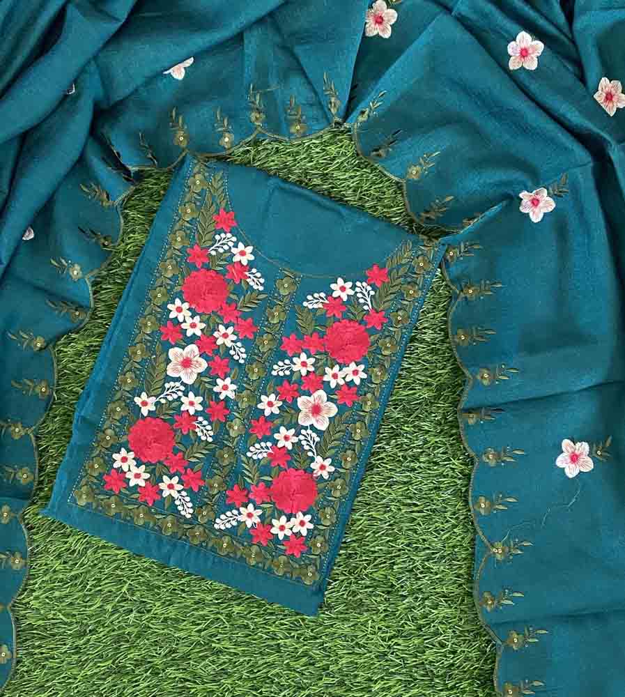 Unstitched Vichitra Silk Churidar Materials Set with Beautiful Embroidery DC495-08