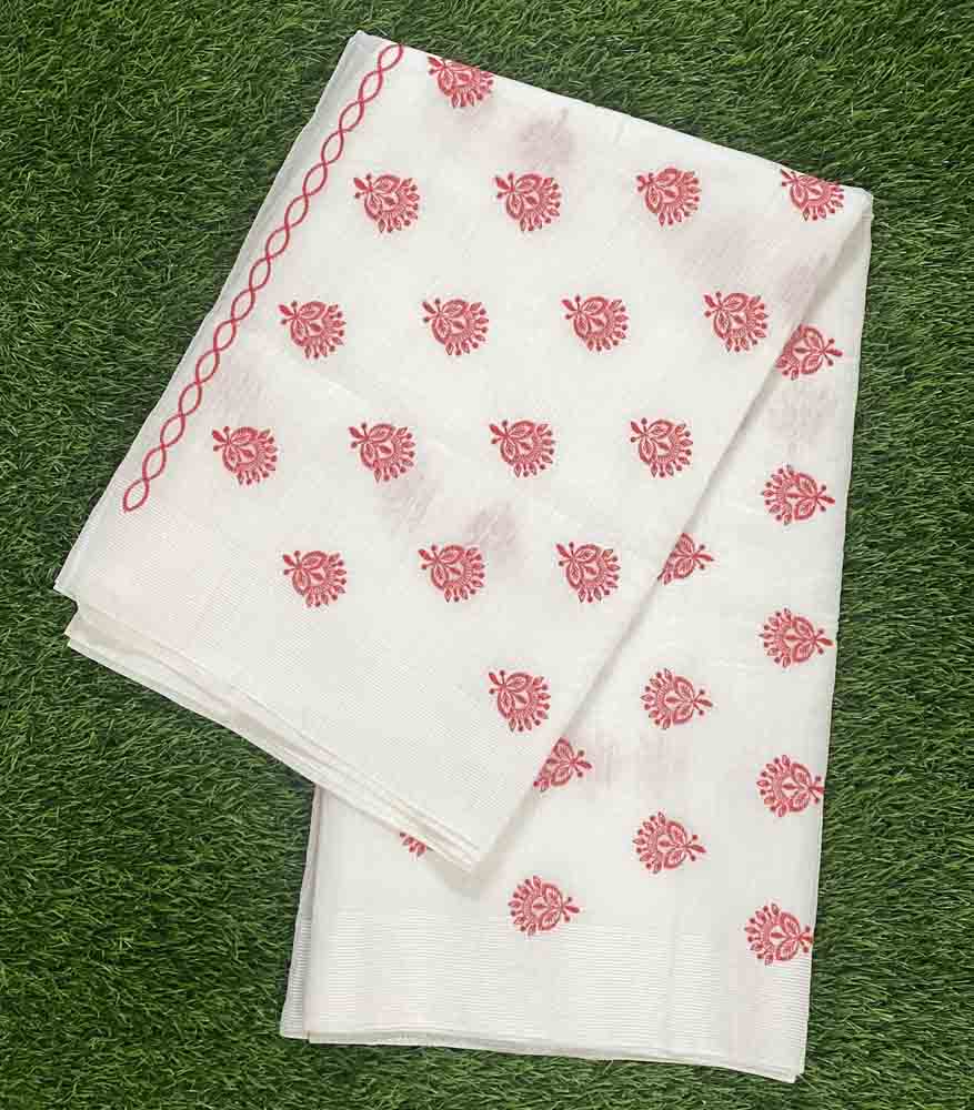 White Colour Gawdwal Cotton Saree with Red Embroidery Work DS625-06