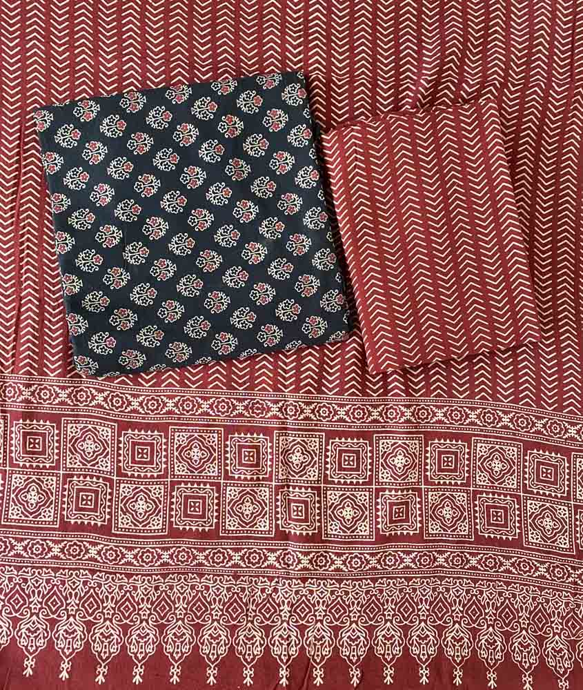 Unstitched Cotton Churidar Materials Set with Ajarakh Print DC537-06