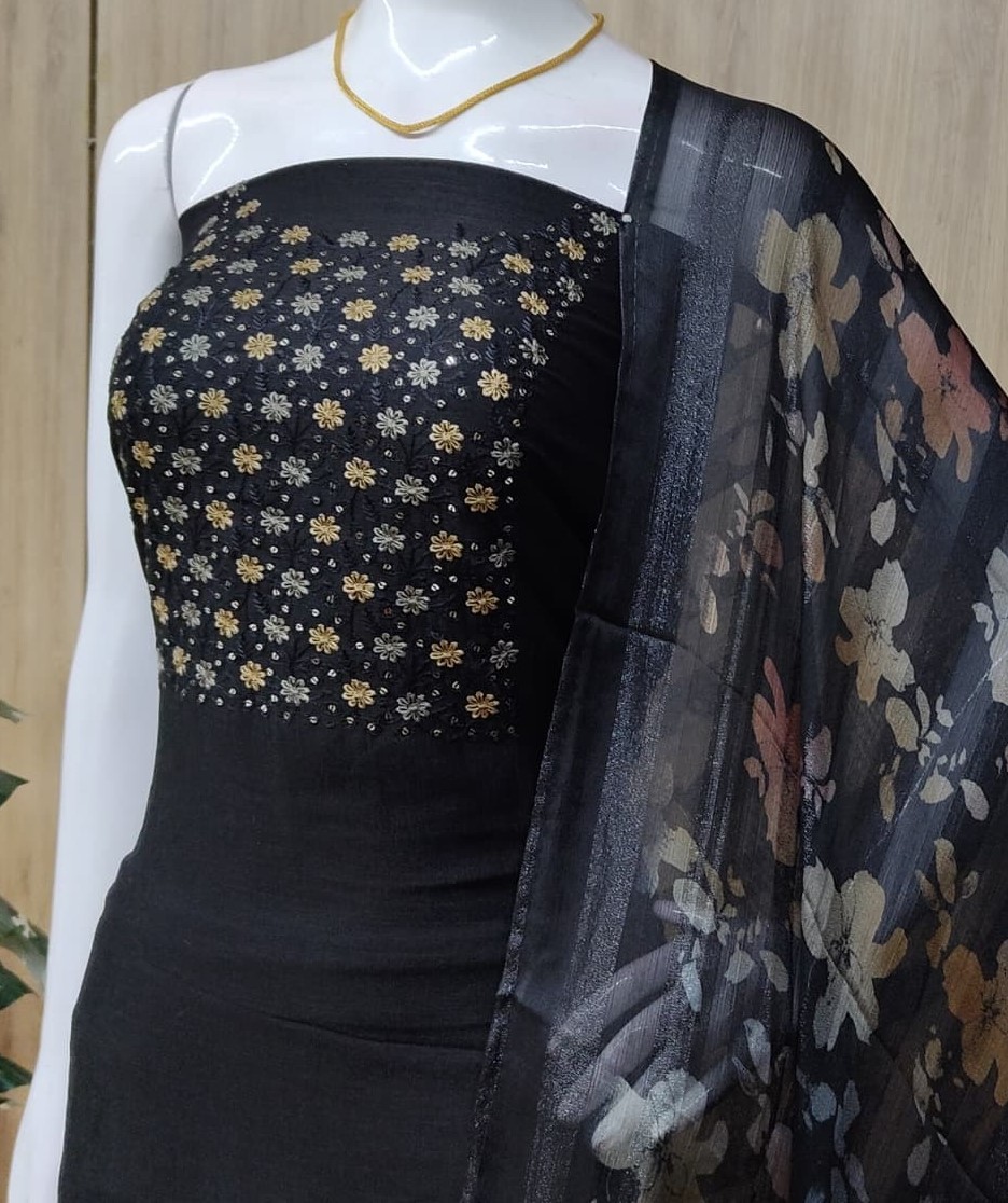 New Vichitra Silk Churidar Materials Set with Brasso Shawl DC602-03