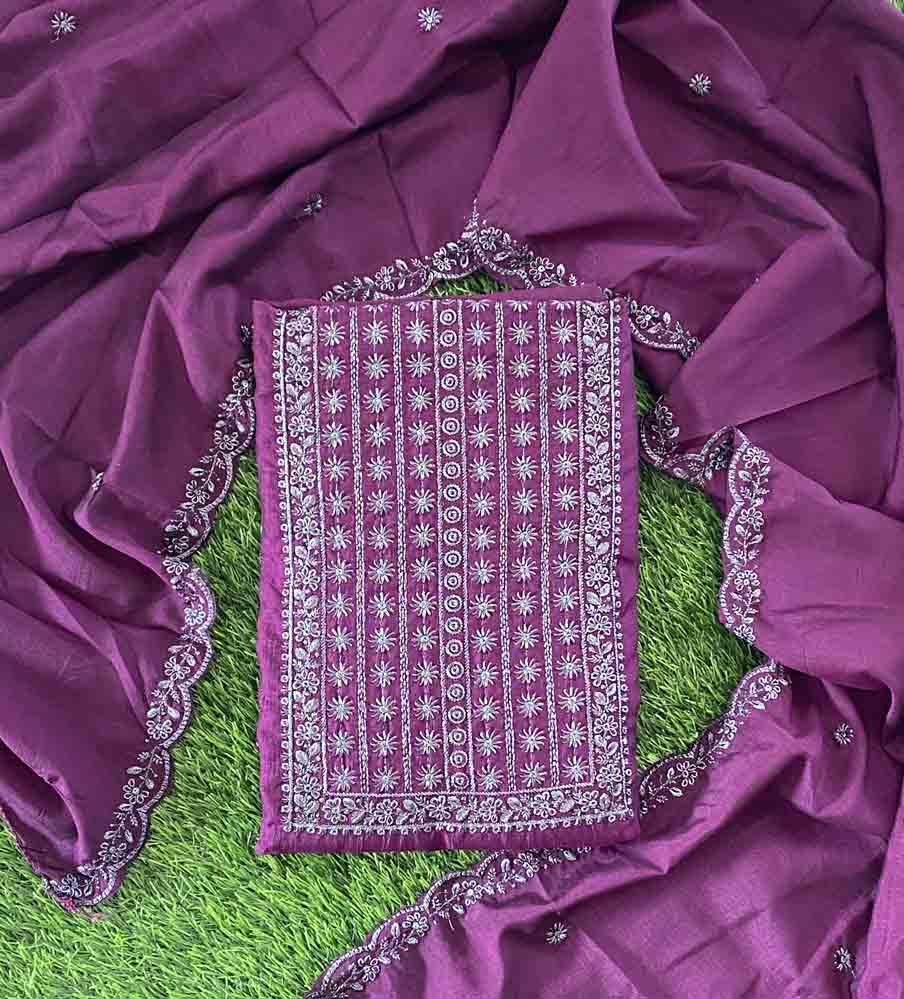 Vichitra Silk Churidar Materials Set with Charcoal Gray Zari Embroidery DC630-05