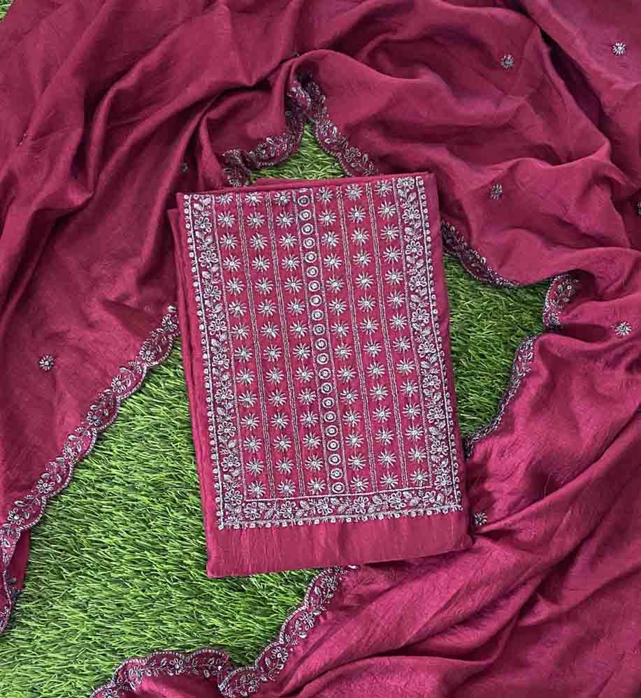 Vichitra Silk Churidar Materials Set with Charcoal Gray Zari Embroidery DC630-07