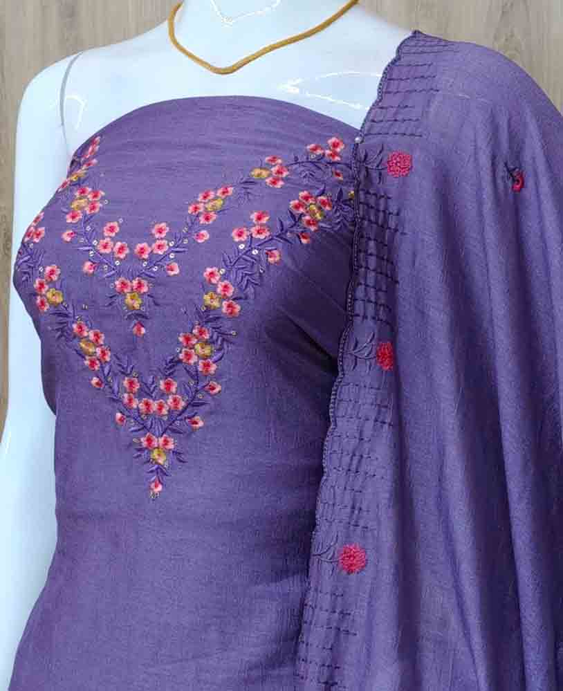 Beautifully Embroidered Vichitra Silk Churidar Materials Set (Unstitched) DC644-05