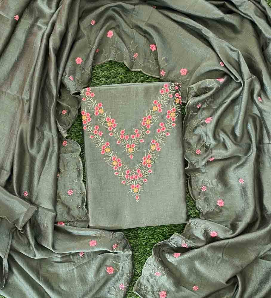 Beautifully Embroidered Vichitra Silk Churidar Materials Set (Unstitched) DC644-07