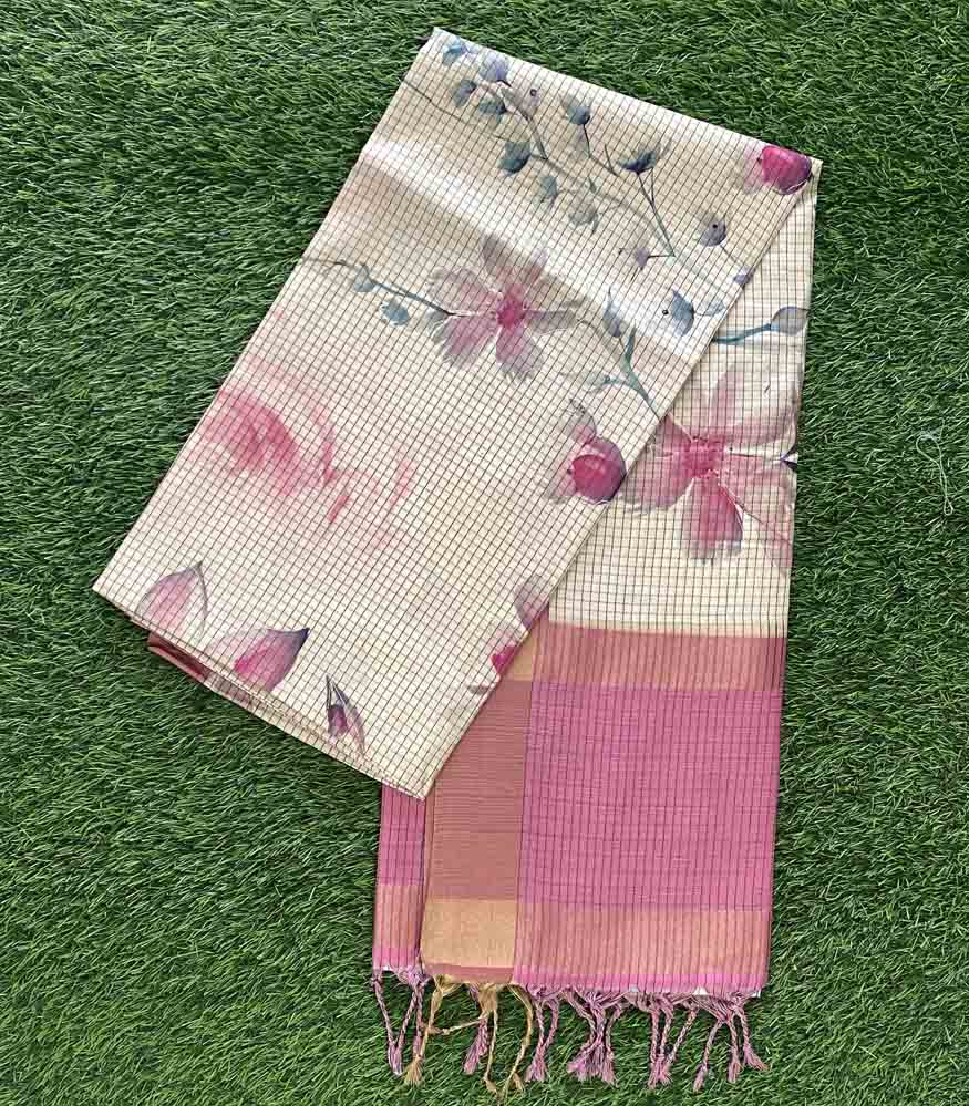 Matka Tusser Sarees with Check Pattern and Floral Print DS737-01
