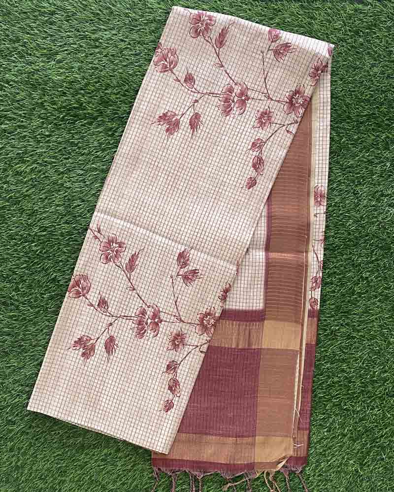 Matka Tusser Sarees with Check Pattern and Floral Print DS737-07