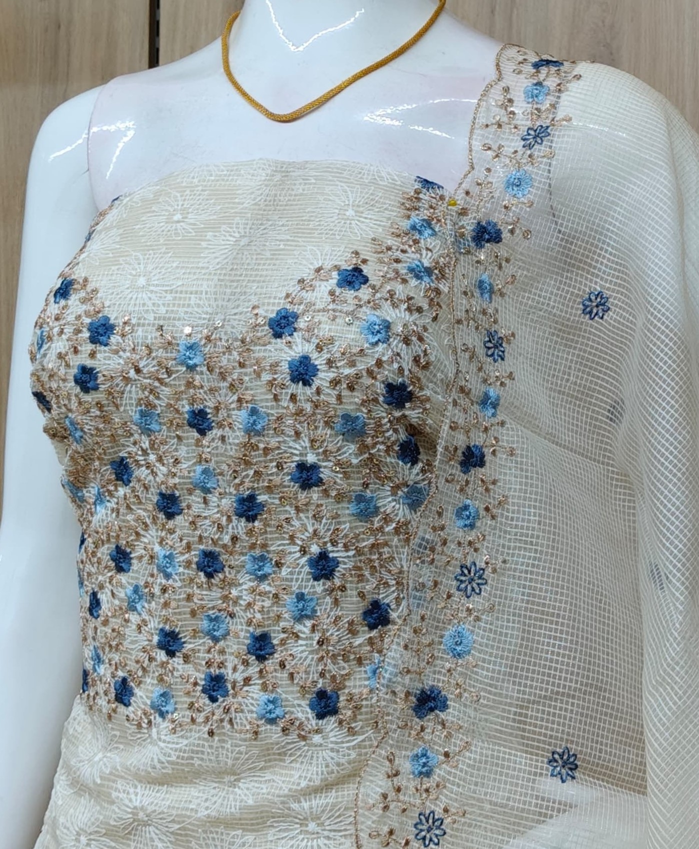 Embroidered Net Kota Churidar Materials Set with Phulkari Work DC667-02