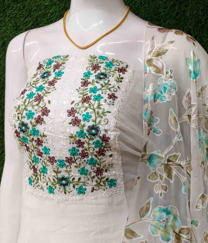 White Color Crushed Organza Churidar Materials Set with Brasso Shawl DC700-02