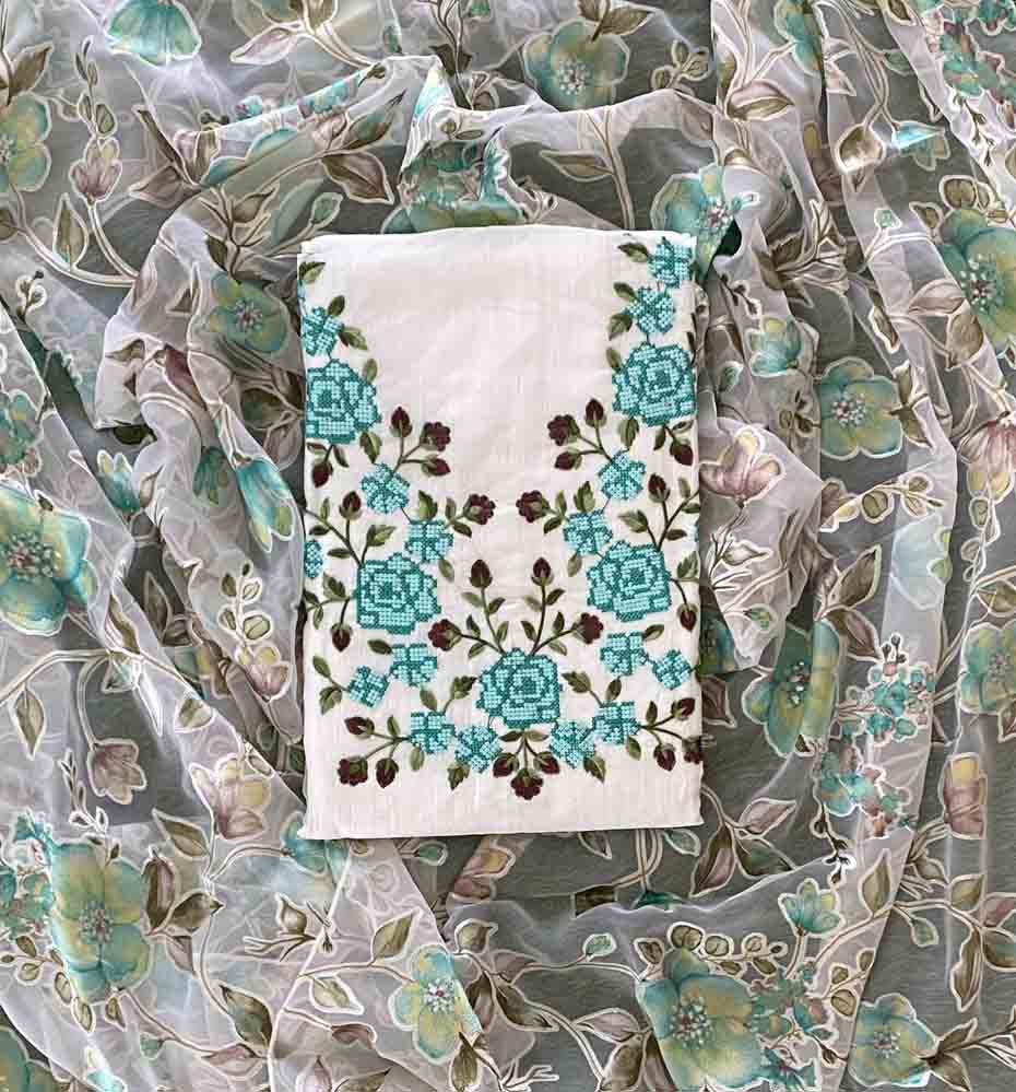 White Color Crushed Organza Churidar Materials Set with Brasso Shawl DC700-06