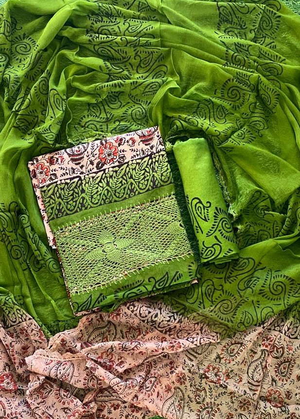 Kalamkari Print Crepe Churidar Material with Crosia Work DC834-03