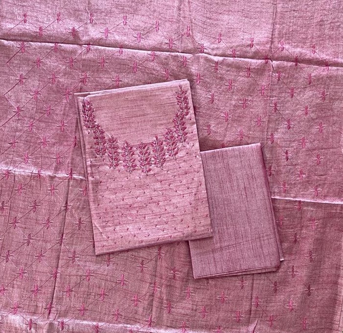 Semi-tusser Hand Embroidered Tussar Silk Churidar Material Set DC859-01