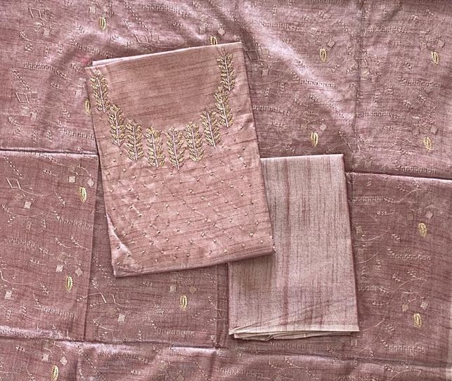 Semi-tusser Hand Embroidered Tussar Silk Churidar Material Set DC859-02