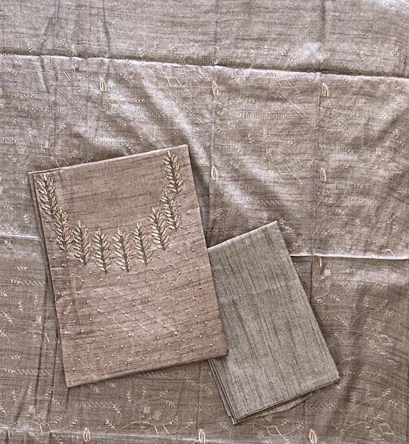 Semi-tusser Hand Embroidered Tussar Silk Churidar Material Set DC859-03