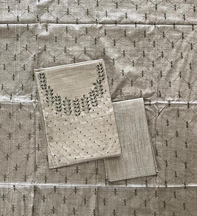 Semi-tusser Hand Embroidered Tussar Silk Churidar Material Set DC859-04