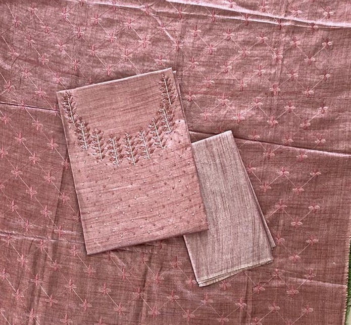 Semi-tusser Hand Embroidered Tussar Silk Churidar Material Set DC859-05